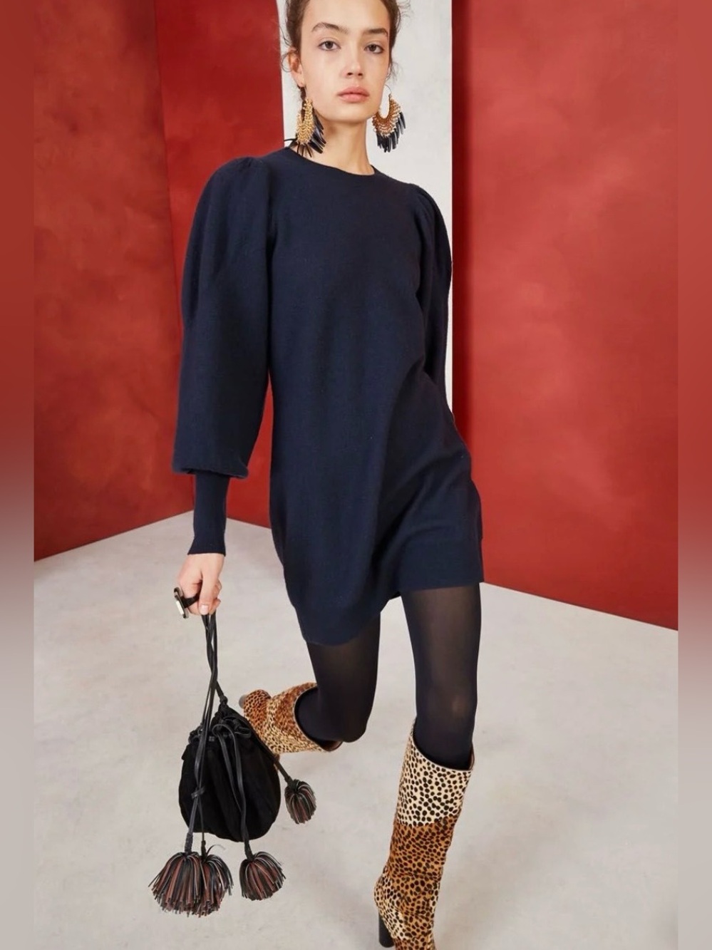 Ulla Johnson Viviana 100% Merino Wool Puff Sleeve Knit Dress Navy L